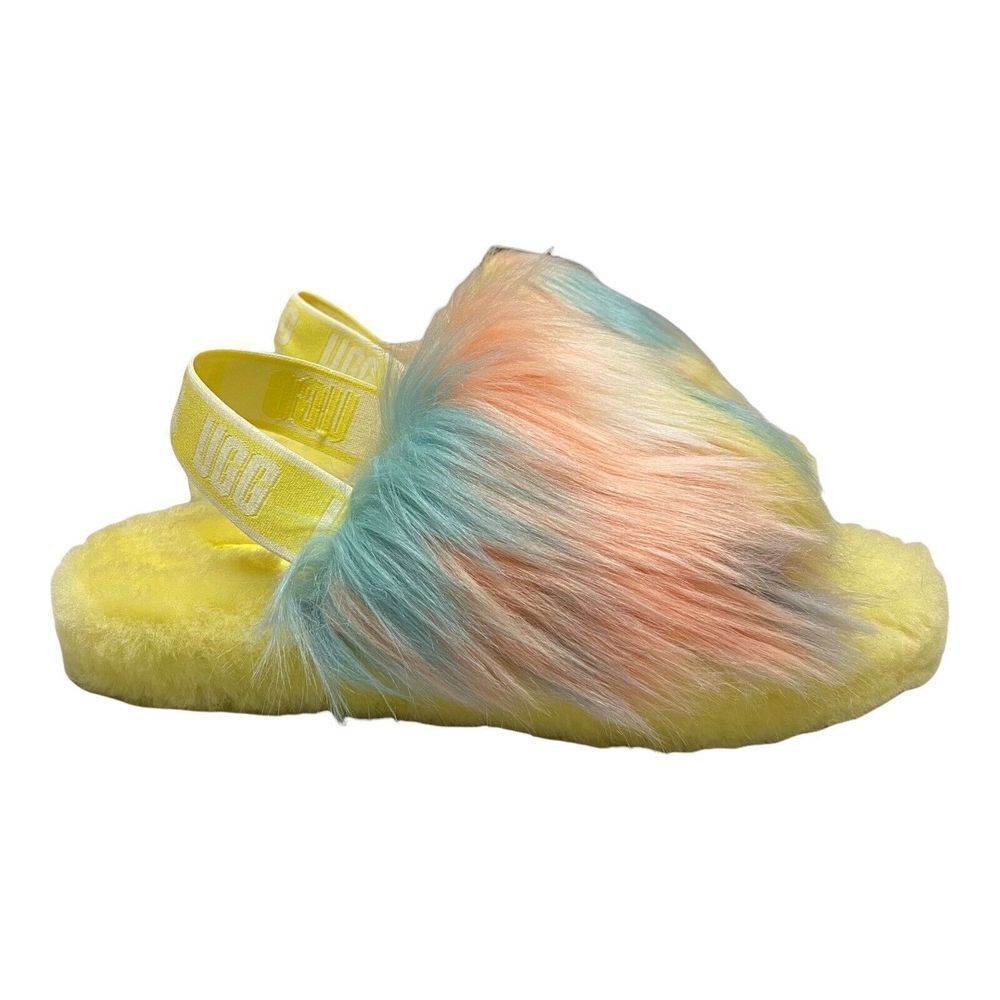 UGG FLUFF YEAH TIE DYE SLIDE KIDS GIRLS SIZE 4 LEMONADE SLIPPERS 1120033K